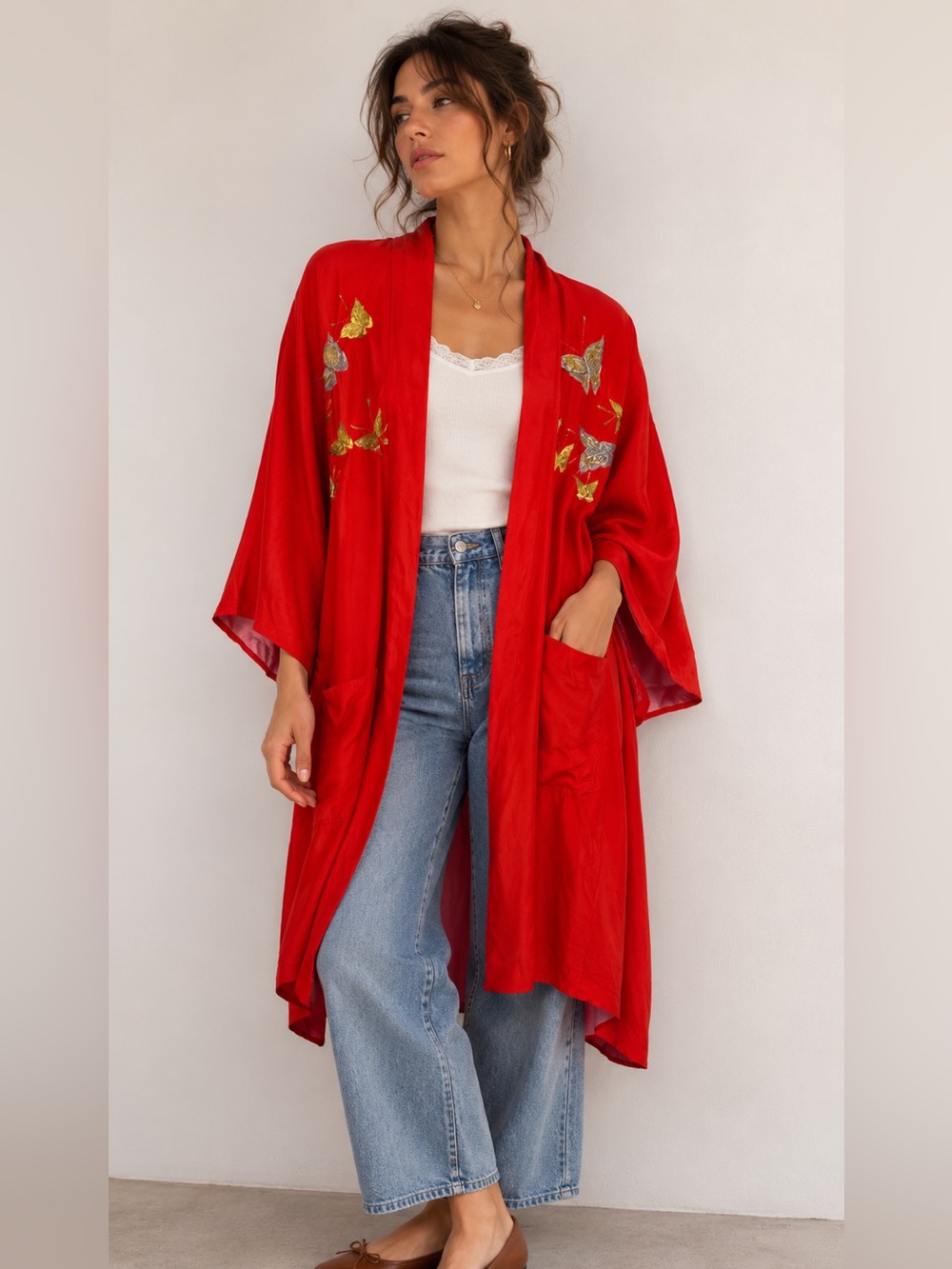 Vintage Japanese Silk Kimono Red Butterfly Embroidered Robe